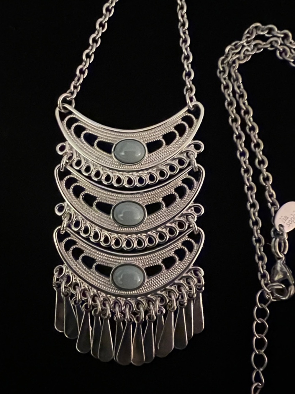 Lia Sophia Silver-Tone Layered Crescent Necklace with Gray Cabochons